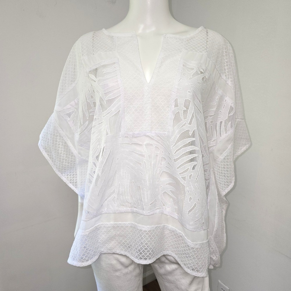 Chicos Burnout Tropical Leaf Poncho Top Blouse Cover-Up White Size S/M Sheer NWT